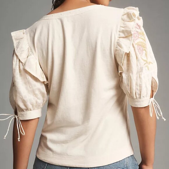 Anthropologie Embroidered Puff-Sleeve Top (Small - Cream) - Picture 5 of 5
